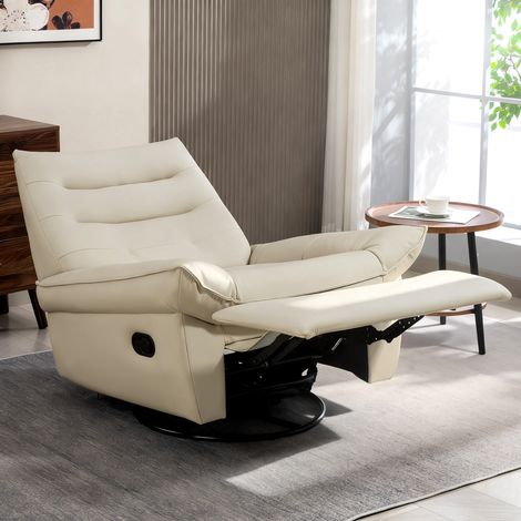 Poltrona Relax Reclinabile Manuale 135° con Poggiapiedi e Seduta Ampia, Poltroncina Reclinabile Imbottita Girevole con Dondolo, in Pelle PU per Camera da Letto, Salotto e Soggiorno, Crema (1/5)