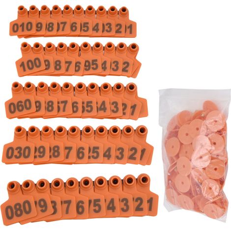 100 Étiquettes d'oreille numérotées 001-100 pour bétail porcin et bovin, accessoire d'élevage durable en TPU orange (1/5)