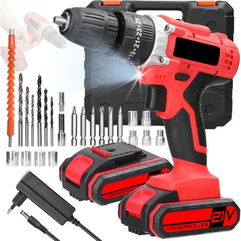 Perceuse électrique multifonction 3 en 1, perceuse à percussion 21 V, moteur à balais, 2 vitesses, réglage de la vitesse en continu, sens de rotation réglable, 25 vitesses de couple réglables (1/5)