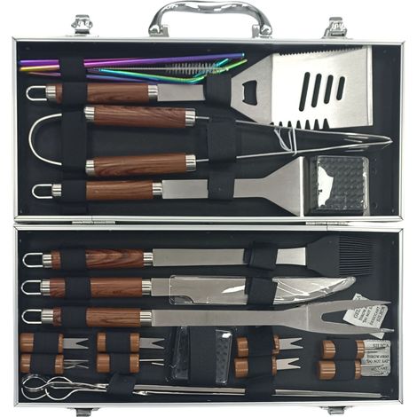 Extra dickes Grillset aus Edelstahl für Männer, 23-teiliges Grillzubehör-Set, Grillwerkzeugset mit Korkenzieher im braunen Aluminiumkoffer