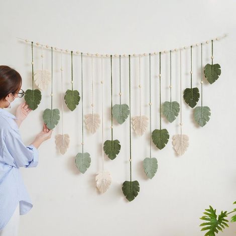 Tenture Murale Décoration Bohème Macramé Tapisserie de Feuilles avec Pinces en Non Marquants pour Chambre Décora 10 Bois Vert (1/5)