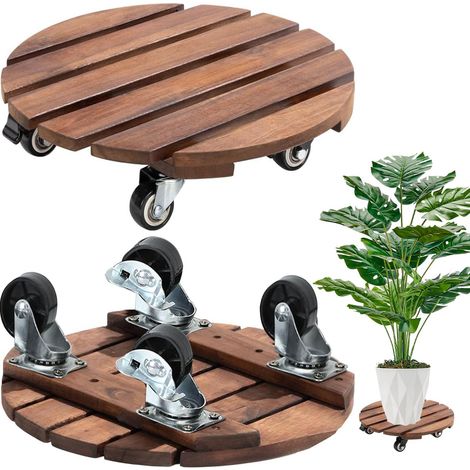 Lot de 2 supports pour plantes à 360° - Support en bois avec roulettes verrouillables de 30 cm pour plantes d’intérieur et d’extérieur - Pour la maison et le jardin (rond) (1/5)