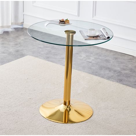 Table de bar ronde Ø89 cm en verre trempé transparent, pied central métal doré, hauteur 92 cm HAVRYA (1/5)