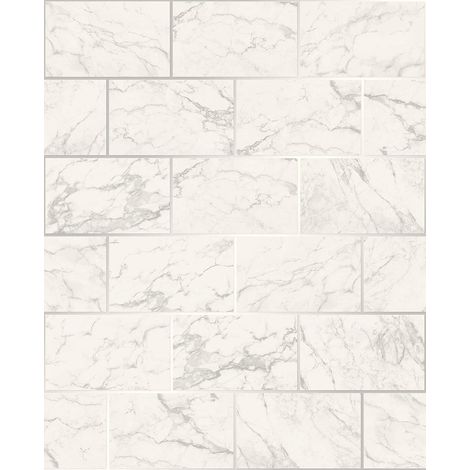 3D Effect Brick Tile Wallpaper White Grey Marble Silver Metallic Vinyl Crown (1/4)