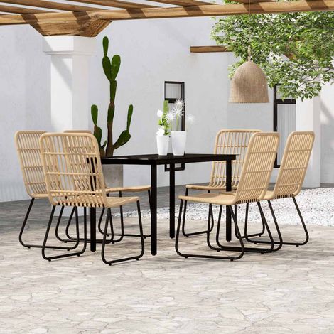 Ensemble repas de jardin 7 pièces en résine tressée et acier, table noire, chaises chêne - PANGIVO (1/5)