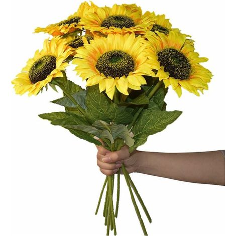 6PCS Artificial Sunflowers - Fake Silk Sunflowers in Bulk with Long Stems for Home Garden and Party Decoration (Yellow) (1/4)