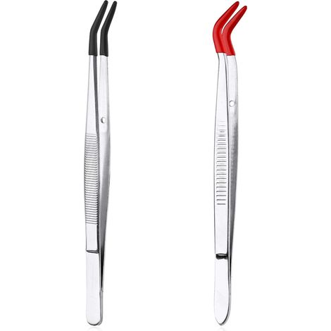 Gebogene Pinzette – 2 Stück – Edelstahl und Gummi – Kratzfeste Spitzen – Schmuck und Basteln – 15,6 cm, Rot/Schwarz (1/5)