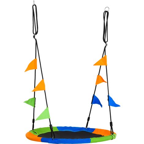 Balançoire nid d'oiseau Ronde balançoire Panier Ø 100 cm pour enfant et adulte 2 Anneaux Inclus Poids max. 80 kg métal époxy PP Oxford Haute densité Drapeaux Multicolores