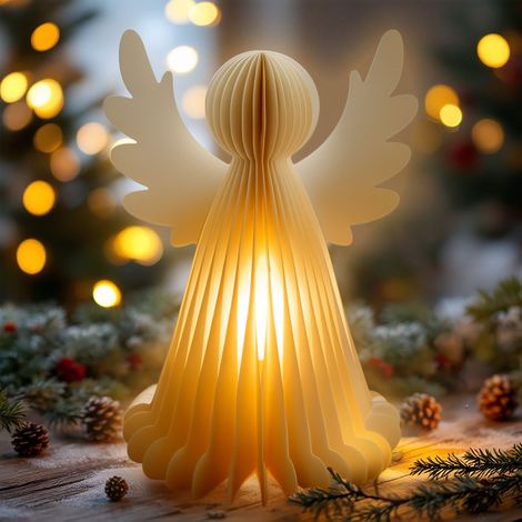 ED Papier Engel warm weiß beleuchtet mit Timer - 28 cm - Dekofigur Weihnachtsengel faltbar mit Beleuchtung Batterie betrieben