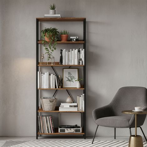 Bibliothèque à 6 Niveaux, Étagère avec Panneaux Arrière, Industrielle, pour Salon, Étude, Bureau à Domicile, Marron rustique et Noir (1/5)