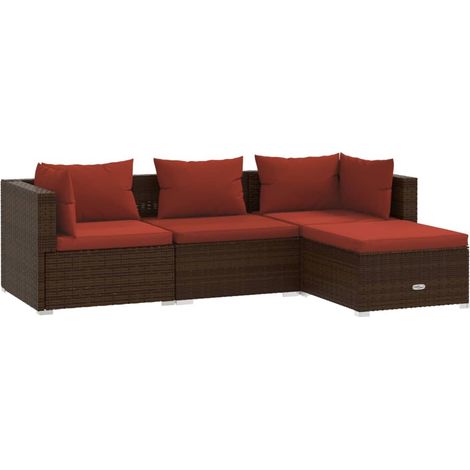 Salon de jardin 4 pcs Mobilier de jardin avec coussins Résine tressée Marron (1/5)