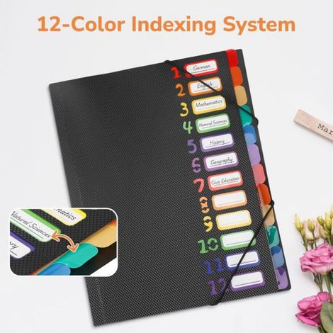Trieur 12 Compartiments A4,180° Lay-Flat Open Trieur Document,Classeur Rangement Documents Avec Bande Élastique,Organiseur A4 Noir (1/5)