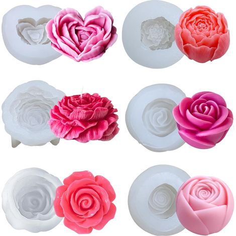 Bougies moules en silicone Lot de 6 en forme de fleur 3D pour fabrication de savon, bougies, gâteaux, bonbons, pâtisserie, dessert DIY Superbe Cadeau Fait à la Main (1/5)