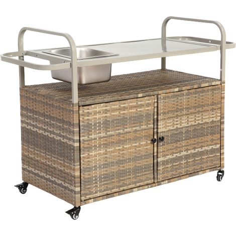 Chariot de bar extérieur beige en rotin, plateau acier, meuble de service avec bac à glace, roues verrouillables et panier latéral pour jardin et piscine