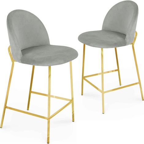 Deco In Paris – Lot de 2 tabourets de bar en velours gris – Hauteur d’assise 65 cm – Piètement métal doré – Style rétro chic et vintage (1/5)