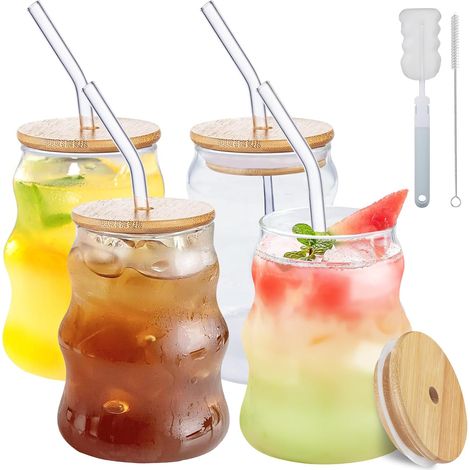 Lot de 4 Verres à Cocktail 500 ml avec Couvercle Bambou et Paille en Verre pour Eau Jus (1/5)