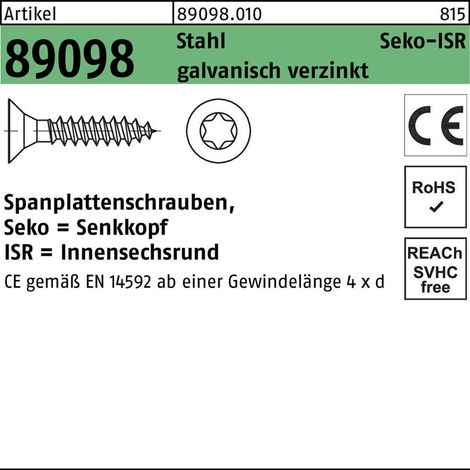 Spanplattenschraube R 89098 SEKO Innensechsrund VG 6 x 60 -T30Stahl galvanisch verzinkt 200 Stück (1/2)