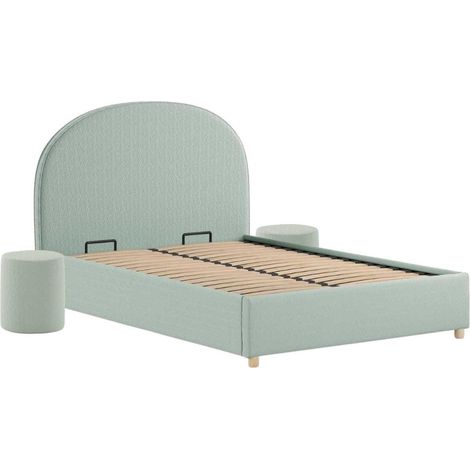 Pack Lit coffre 140x200cm Tête Demi-Lune + 2 Poufs Tissu Bouclé Vert Olive - CONNIE