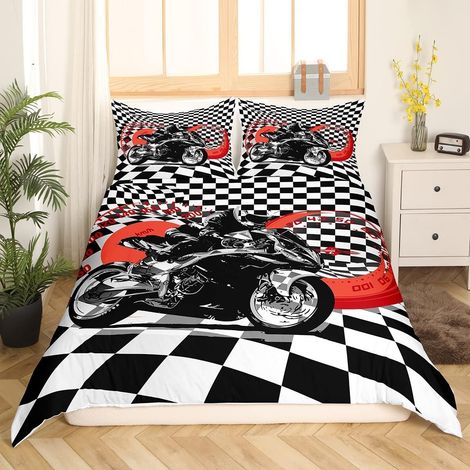 Moto Cross Motif à Carreaux Parure de Lit 200x200cm Housse de Couette Moto Cross pour Enfants Garçons Sport Ensembles de Housse de Couette Motocross Rider Rouge avec 2 taies d'oreiller - 200x200cm (1/5)
