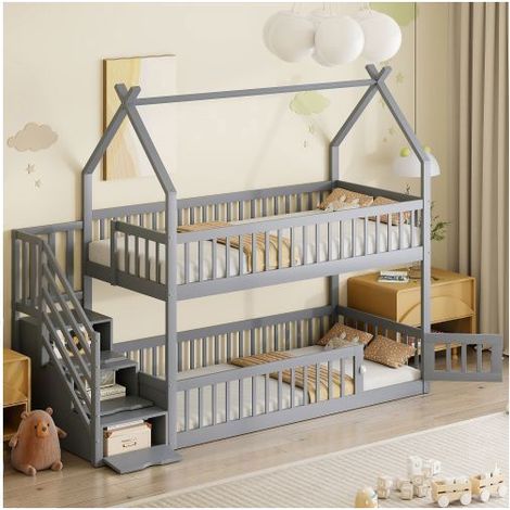 Lit superposé enfant - SOGEU - Cabane 90x200 - Bois massif gris - Escalier avec tiroirs - Sommier inclus (1/5)