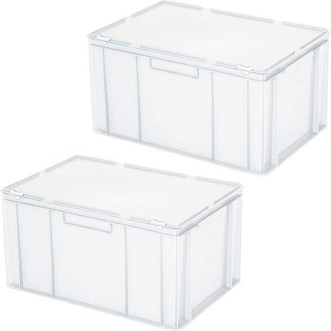 BRB Lot de 2 boîtes Euro avec couvercle, qualité alimentaire, empilables, L 600 x l 400 x H 330 mm, 63 l, PE-HD, blanc
