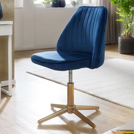 Chaise de bureau 60x60x80/100 cm en velours bleu foncé et métal doré (1/5)