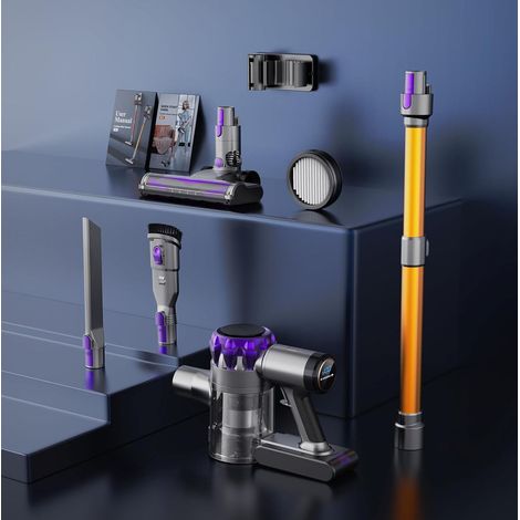 Aspirateur balai sans fil violet et doré 300W avec filtration cyclonique et brosse anti-enchevêtrement (1/5)