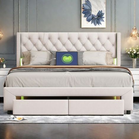 Doppelbett gepolstert 140x190 cm - Beige - Integrierte Schubladen - LED Kopfteil - Stauraum (1/5)