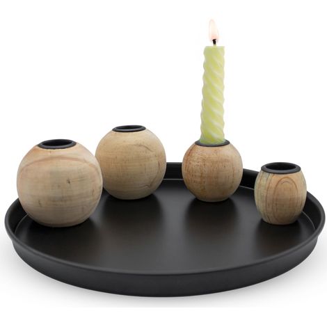 Magnet Kerzentablett rund schwarz mit 4 Holz Halter für Stabkerzen - 23 cm - Metall Kerzenständer mit 4 magnetischen Holzkugel Kerzenhalter