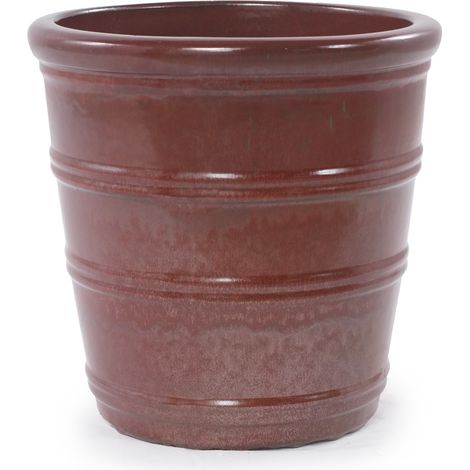 Vaso da fiori in ceramica artigianale Ø 24 cm rosso marrone con scanalature orizzontali (1/5)