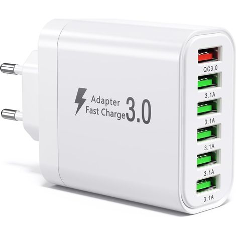 50W Chargeur USB Multiple, Prise USB 6-Ports Station de Charge, Alimentation Chargeur Rapide QC3.0, Adaptateur de Murale Compatible avec 11/12/13/14/15/16/S21/S22/S23/S24/tablette (1/5)