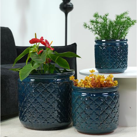 Set de 3 pots de fleurs en céramique 38/30,5/23 cm bleu-vert brillant, avec drainage FloraGrace (1/5)