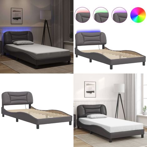 Bettgestell mit LED Grau 100x200 cm Kunstleder - Bettrahmen - Schlafzimmermöbel - Led-Bett - Kunstlederbett - Doppelbett - Home & Living (1/5)