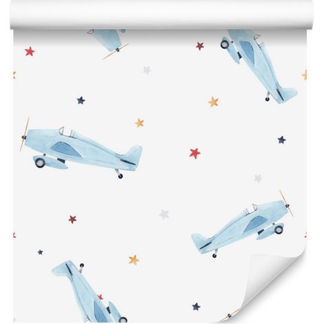 Papel pintado de aviones y estrellas para salón y dormitorio, 50x1000 cm. (1/5)
