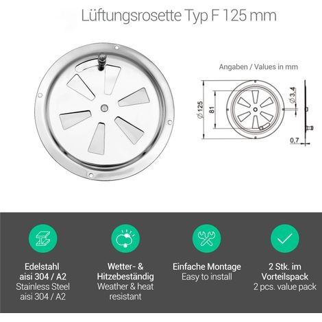 Rundes Lüftungsgitter (1 Stück), 125 mm, Edelstahl, verstellbare Lüftungsöffnung, Silber (1/4)
