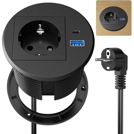 Enchufe empotrable con USB C PD20W, enchufe retráctil con USB, regleta empotrable para escritorio, cable de 2 m, color negro (1/3)