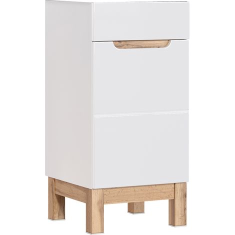 Waschtischunterschrank 40 cm SOLNA-56 Hochglanz weiß mit Wotaneiche, B x H x T ca. 40 x 84 x 41cm (1/5)