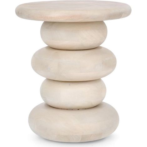 Hellin – Table basse ronde 40x40x45 cm en manguier blanchi – Plateau épais poli – Courbes irrégulières imitant galets – Design décoratif