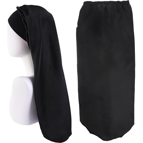 Nachthaube aus Satin, verstellbar mit Gummiband für langes und hochgestecktes Haar (schwarz)