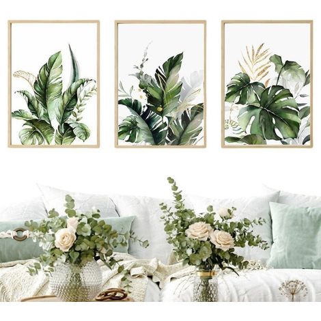 Decoración moderna de sala de estar que pinta hojas verdes frescas. Sin