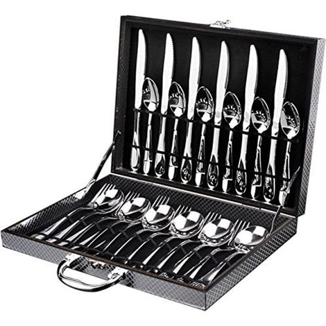 Set De Couverts En Acier Inoxydable 18/10 - 24 Pièces (6 Couteaux À Steak 20 cm 6 Fourchettes 20 cm 6 Cuillères À Soupe 20 cm 6 Cuillères À Thé 16 cm) - Pour 6 Personnes - Boîte Cadeau Incluse