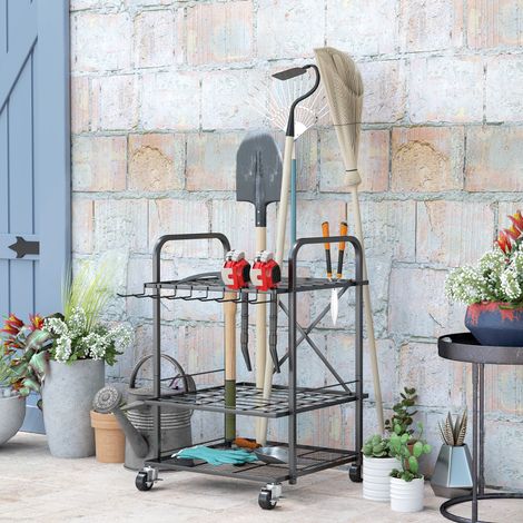 Organizador de herramientas de jardín, 40 compartimentos, estante de herramientas de jardín de 2 niveles con ruedas, 57 x 48 x 70 cm, negro (1/5)