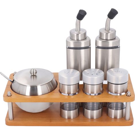 Ensemble de distributeurs de condiments de cuisine avec Base en bois, bouteilles d'huile et de vinaigre multifonctions pour sel, sucre et épices