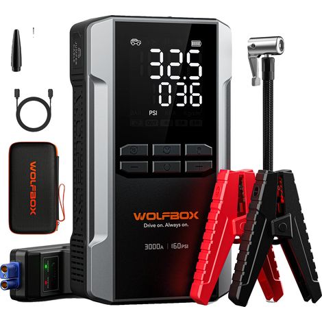 Démarreur de voiture, courant de pointe de 3000A, batterie de 16000 mAh, compresseur d'air de 160 PSI, charge rapide de 65W, 8 batteries intégrées (1/5)