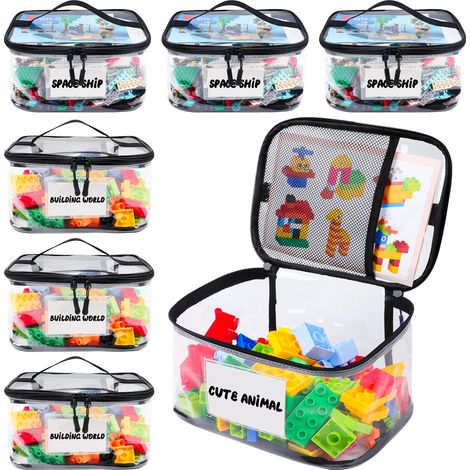 Lot de 6 sacs à jouets transparents avec étiquette nominative et manuel d'instructions, boîte à jouets en PVC transparent imperméable, adaptée aux briques Lego, jeux de société, blocs de construction, (1/5)