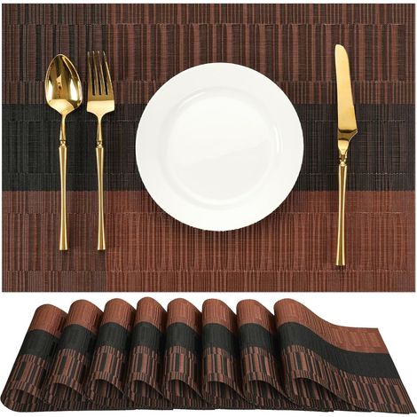 Sets de Table Lot de 8, Set de Table Lavable Plastique PVC Tissé Sets de Table Résistant à l'usure à la Chaleur pour Table de Cuisine (Noir Marron, Lot de 8) (1/5)
