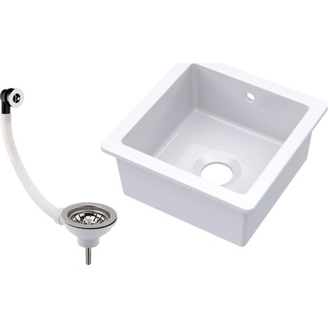 Balterley Fireclay Ceramic Single Bowl Square Undermount Kitchen Sink with Overflow and Chrome Strainer Waste, 457mm (1/3)