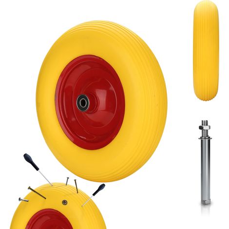 Swanew – Roue de brouette caoutchouc plein 390mm – Alésage Ø 16mm – Capacité 120kg – Jante acier revêtue – Essieu inclus