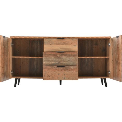 Buffet vintage en bois vieilli marron avec étagères réglables et 3 tiroirs, 140 cm (1/5)