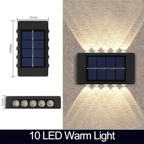 (10 LED à lumière chaude) Applique murale solaire LED étanche pour extérieur, éclairage vers le haut et vers le bas, lampe solaire décorative pour jardin, clôture ou cour, lumière du soleil (1/5)